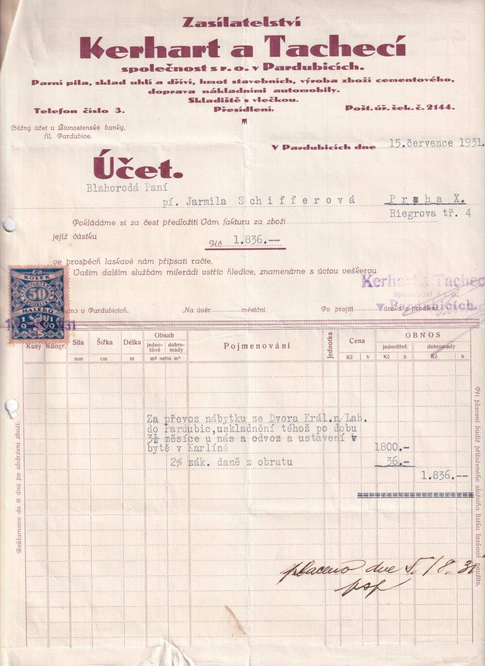 Účet, Stavebniny, Pardubice, 1931