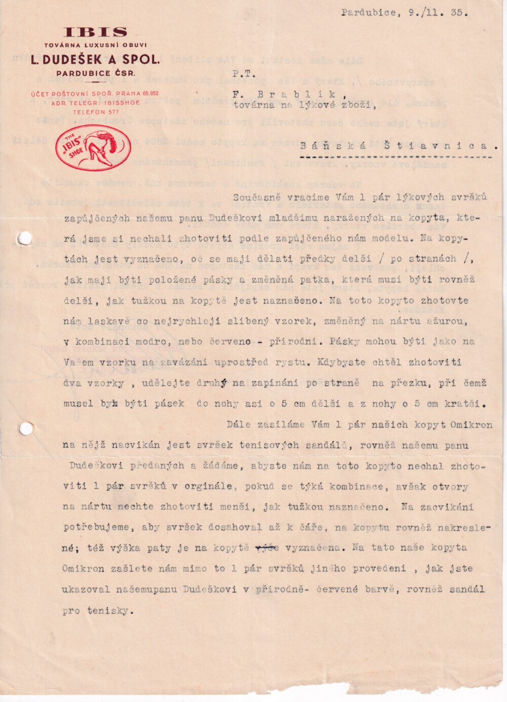 Účet, Továrna luxusní obuvi, Pardubice, 1935