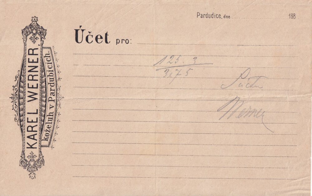 Účet, Karel Werner, koželuh, Pardubice 1880