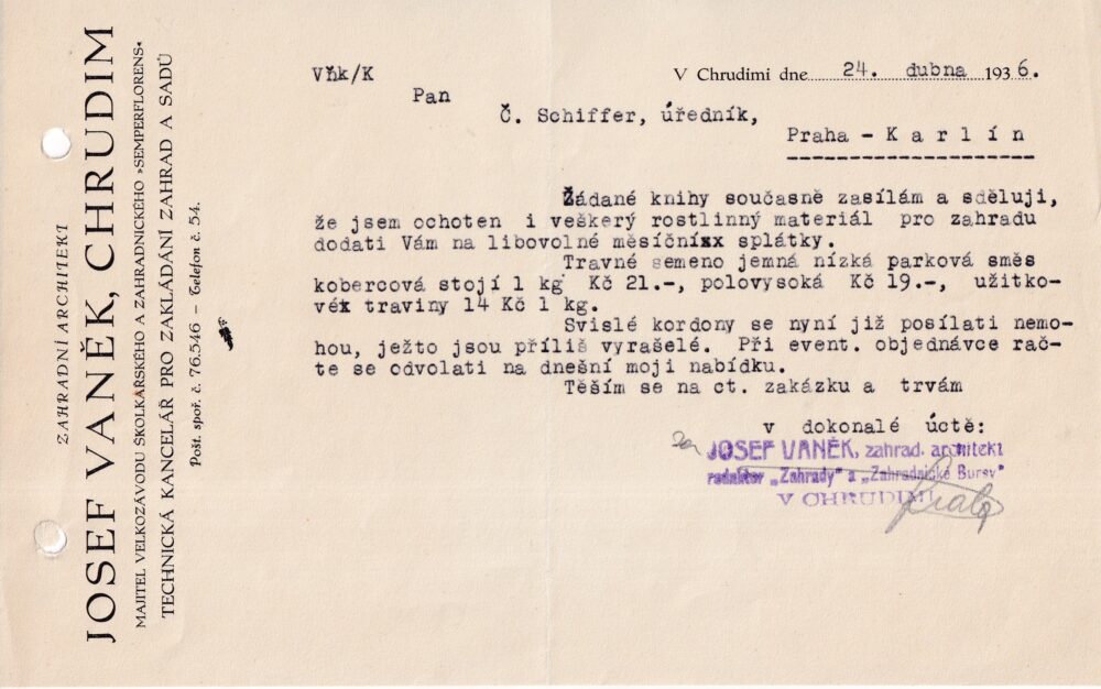 Účet, Zahradní architekt, Chrudim, 1936