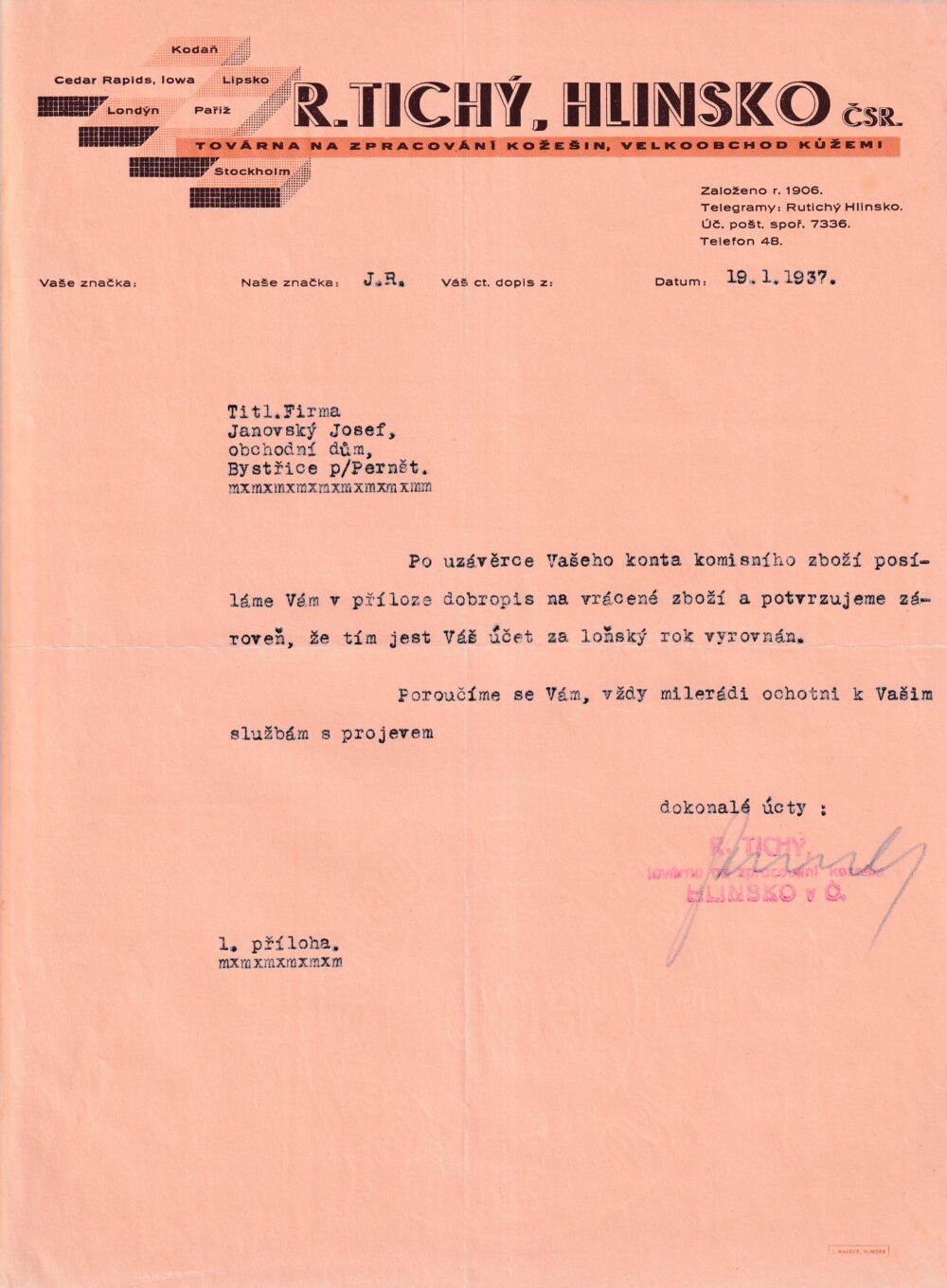 Účet, Továrna na kožešiny, Hlinsko, 1937