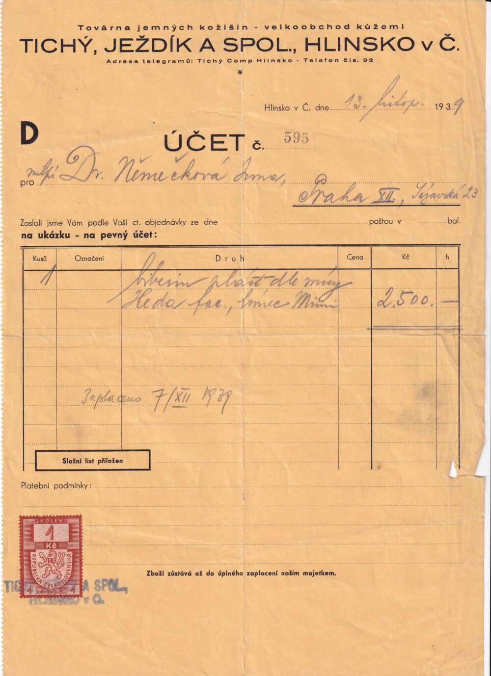 Účet, Továrna na kožešiny, Hlinsko, 1939