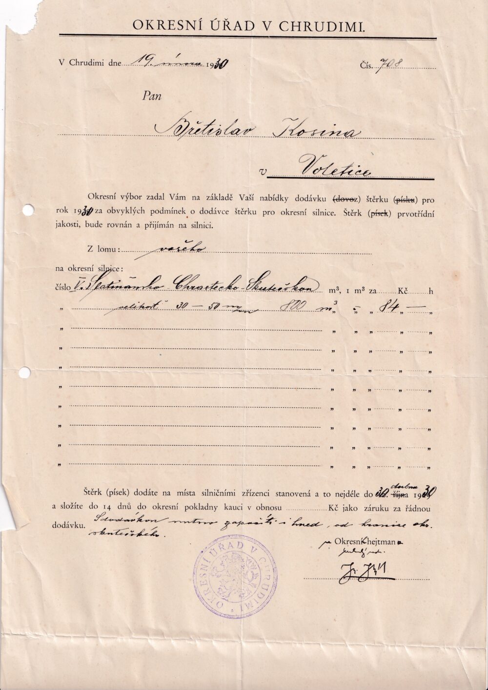 Účet, Okresní úřad, Chrudim, 1930