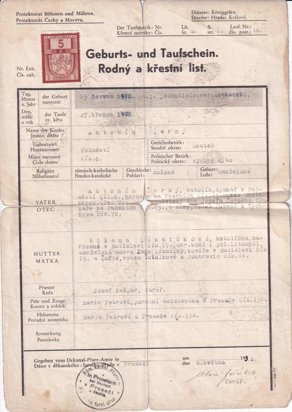 Účet, Rodný a křestní list, Proseč, 1932