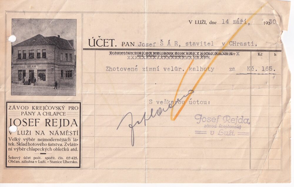 Účet, Závod krejčovský, Luže, 1930