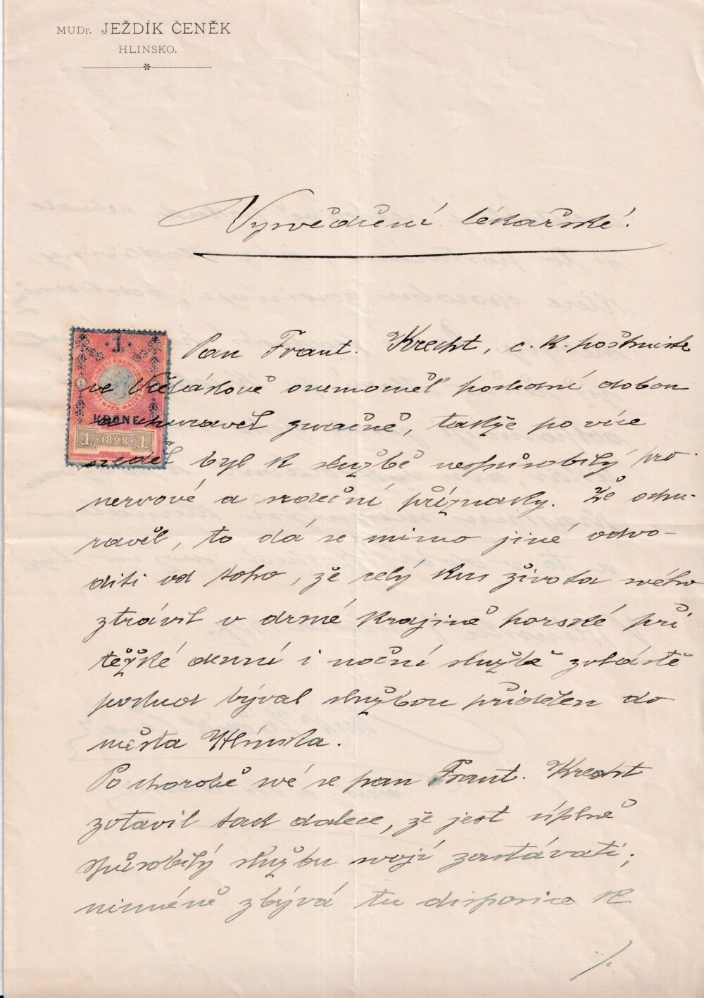 Účet, Vysvědčení lékařské, Hlinsko, 1907