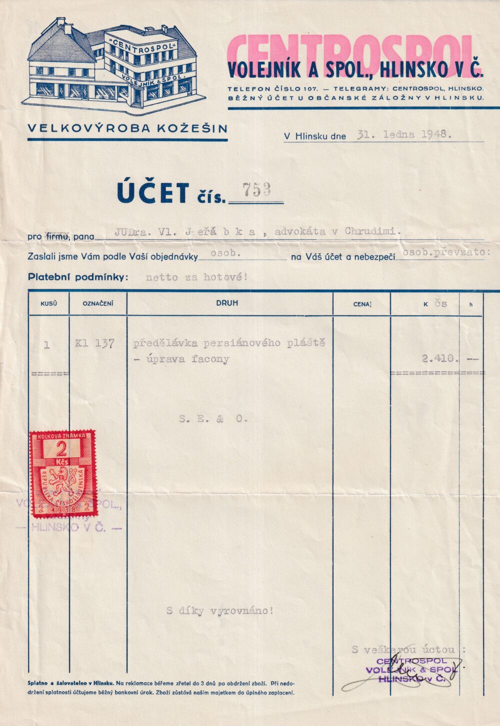 Účet, Velkovýroba kožešin, Hlinsko, 1948