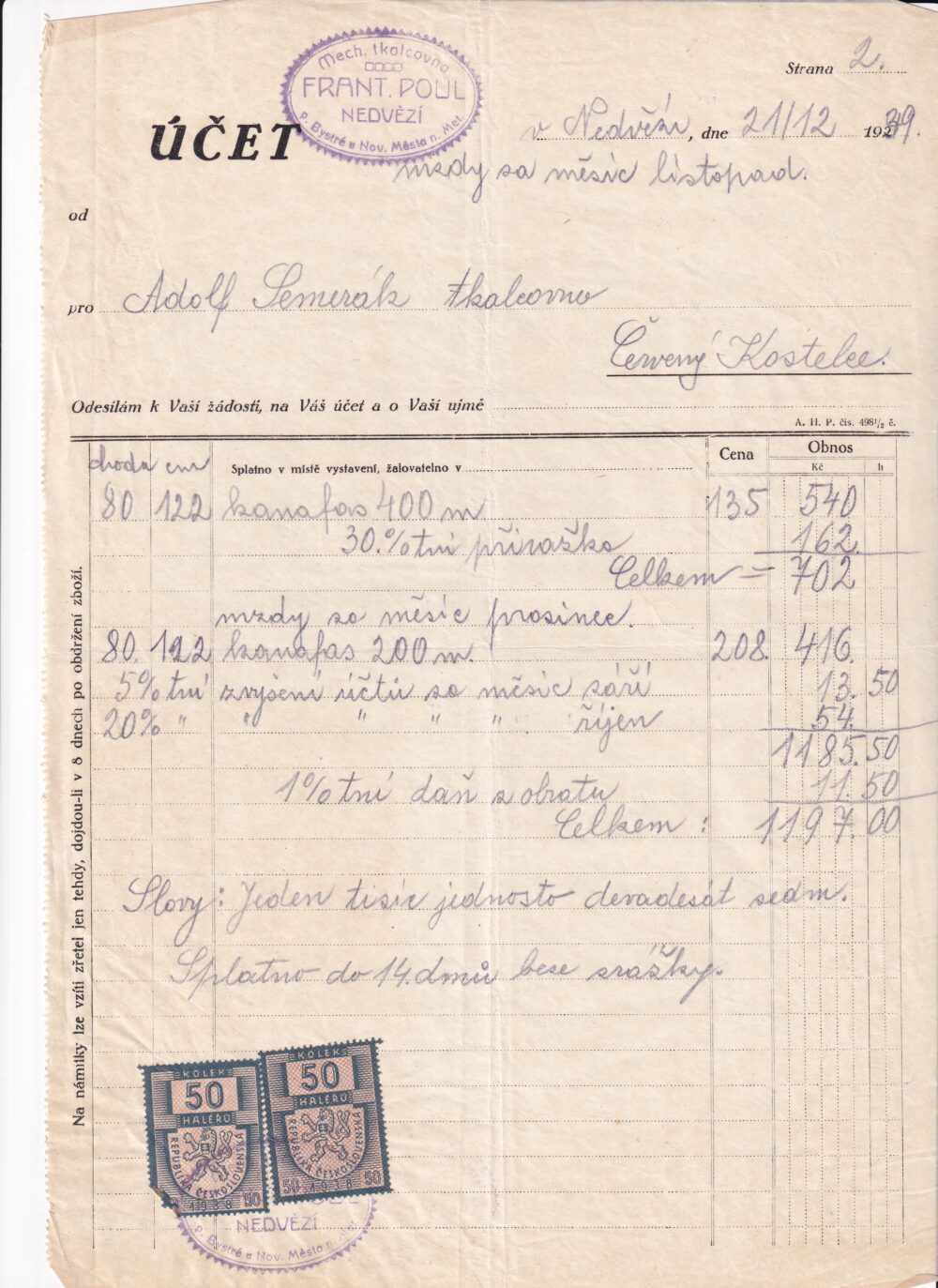 Účet, Mechanická tkalcovna, Nedvězí, 1949