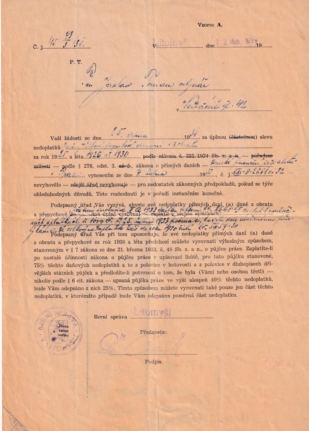 Účet, Berní správa, Litomyšl, 1933