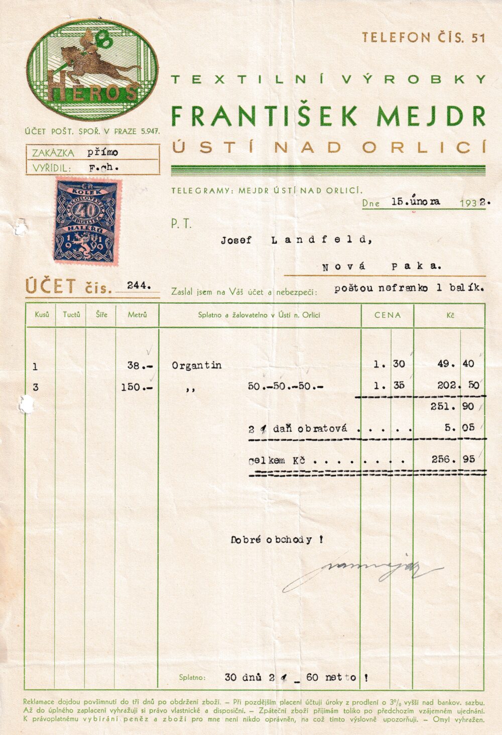 Účet, Textilní výrobky, Ústí nad Orlicí, 1932