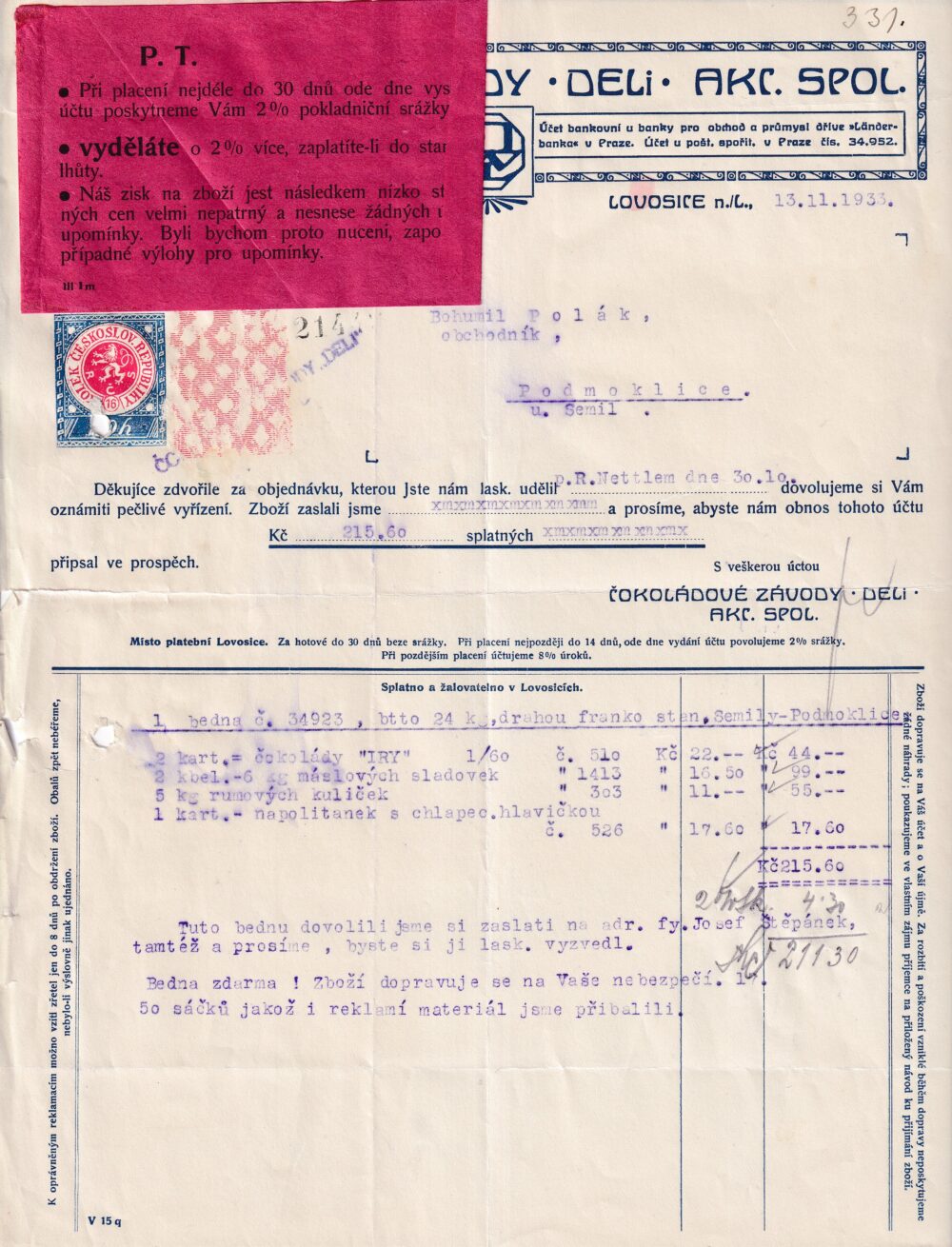 Účet, Čokoládové závody, Litoměřice, 1933