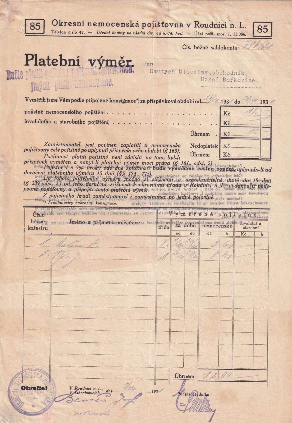 Účet, Platební výměr, Roudnice n Labem, 1931