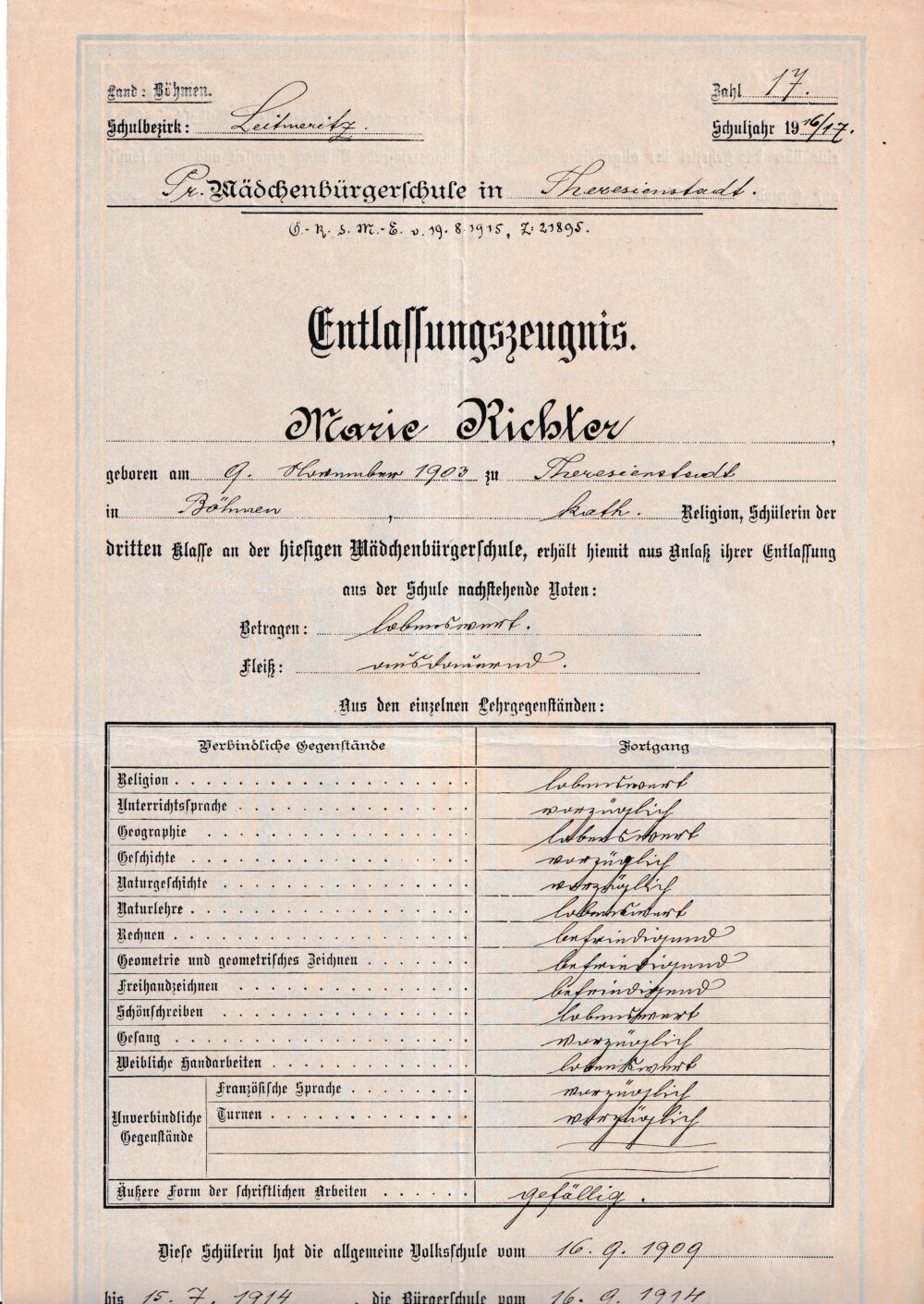 Účet, Vysvědčení, Terezín, 1917