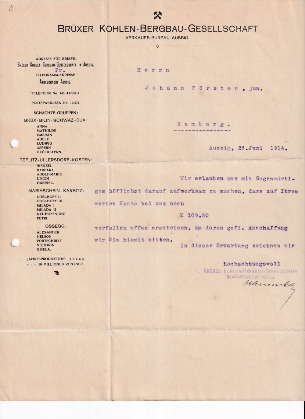 Účet, Uhelná těžební společnost Brux, 1914