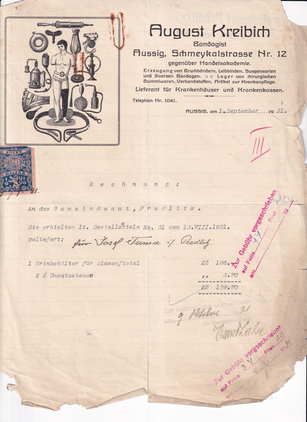 Účet, Výroba kýlních vazů, pásů, obvazů, 1931