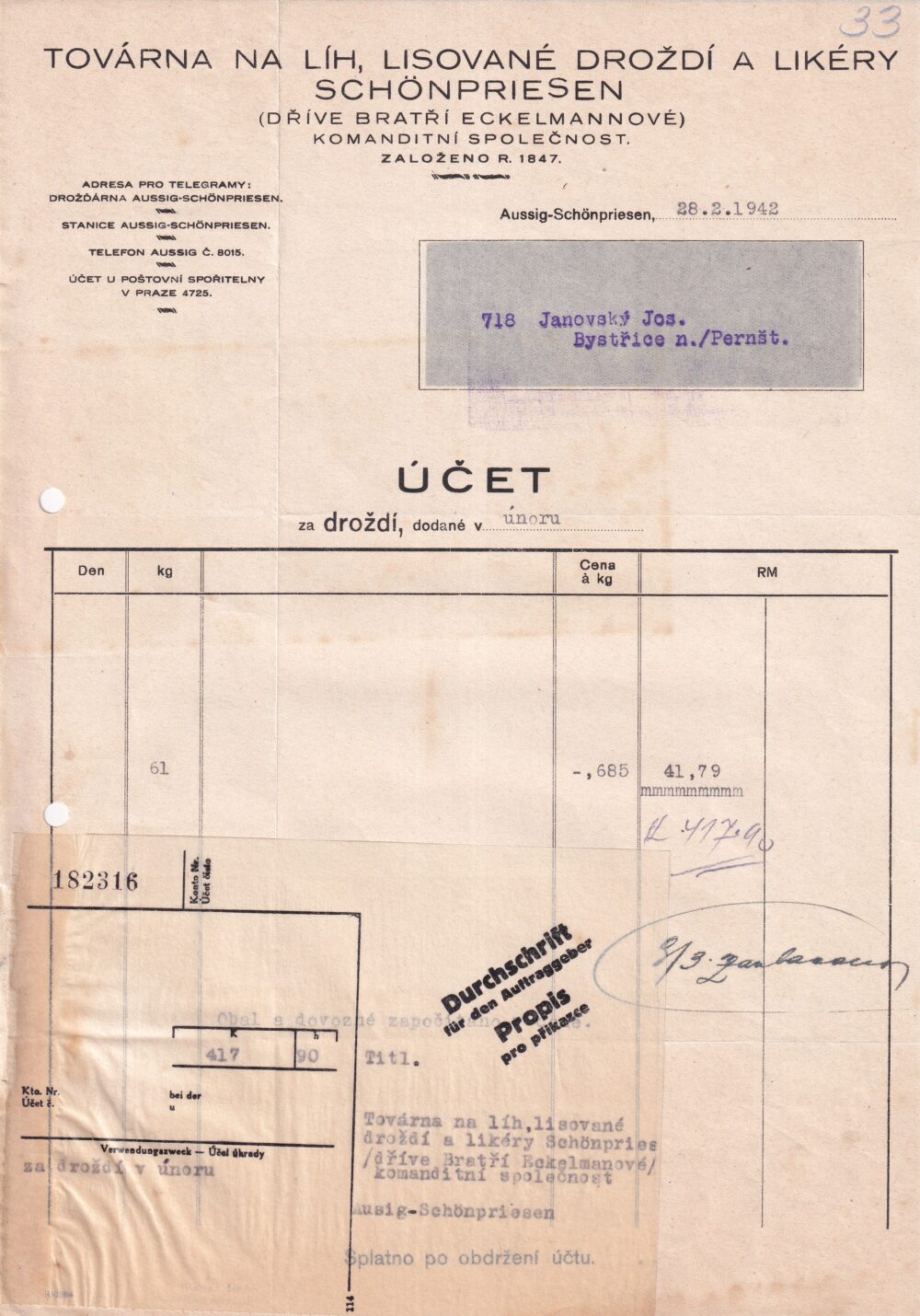 Účet, Továrna droždí, likéry, Ústí n. Labem, 1942