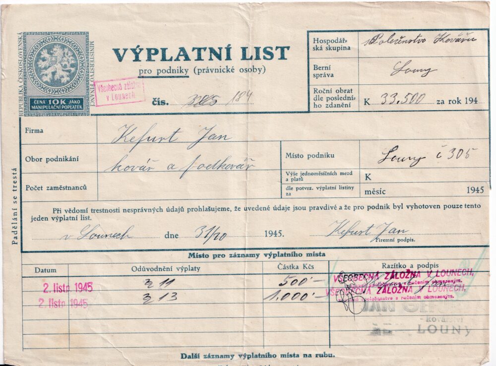Účet, Výplatní list pro podniky, Louny, 1945