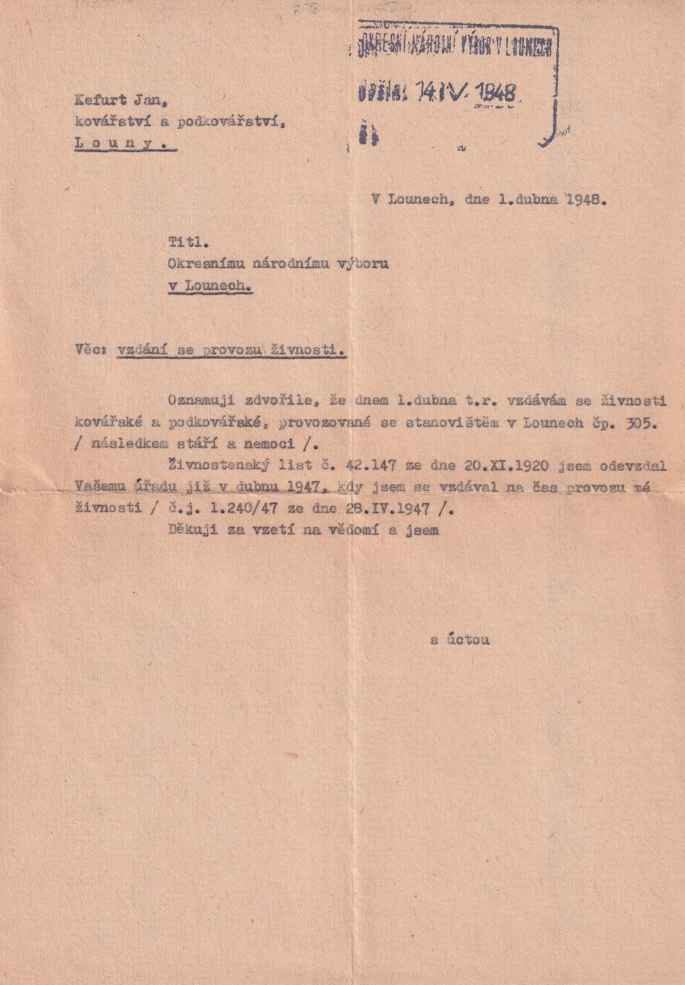 Účet, Kovářství a podkovářství, Louny, 1948