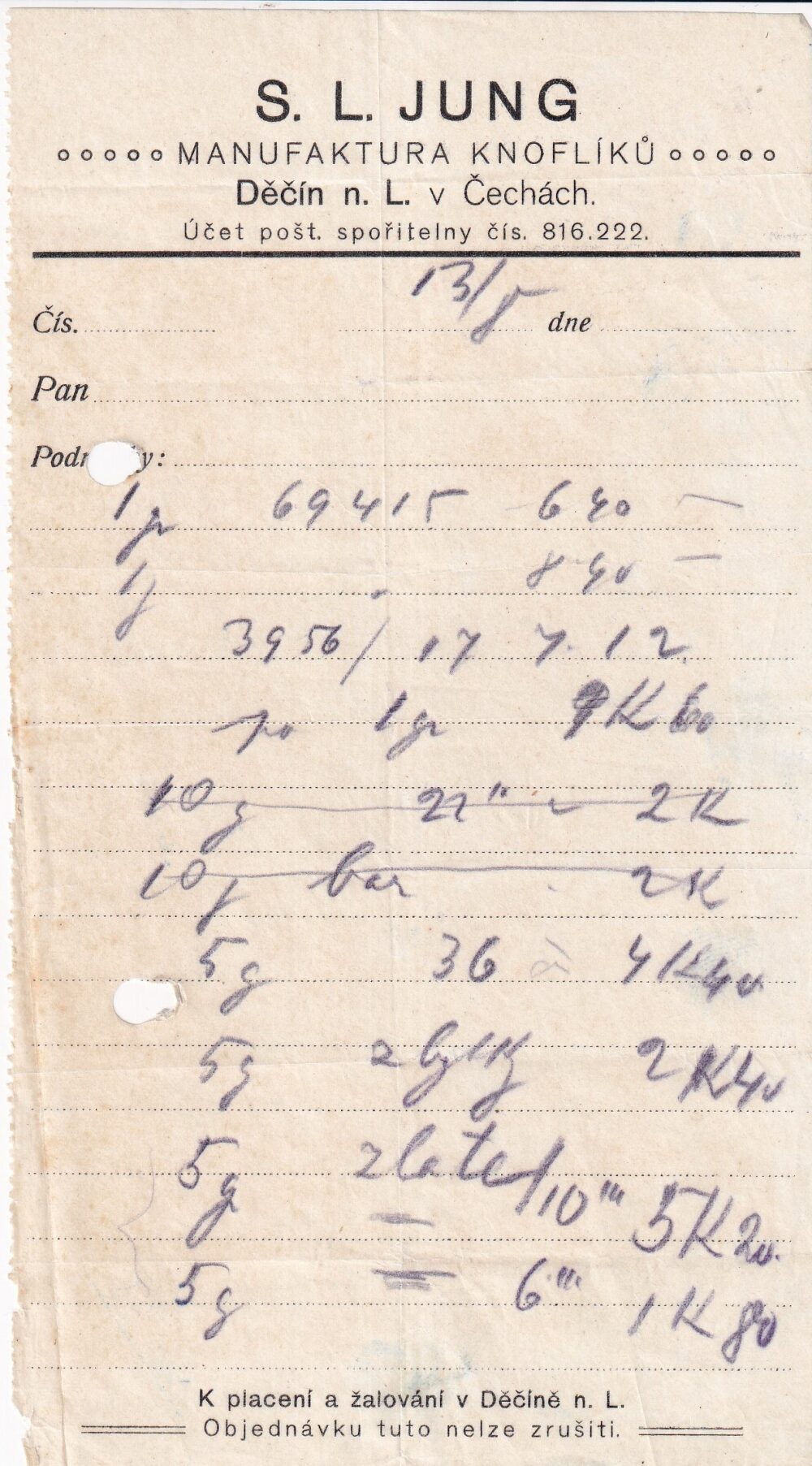 Účet, Tovární sklad knoflíků, Děčín n. Labem