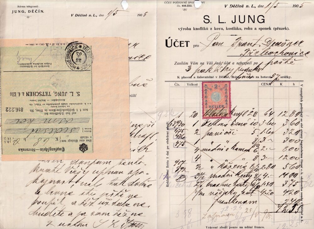 Účet, Tov. sklad knoflíků, Děčín n. Labem, 1905