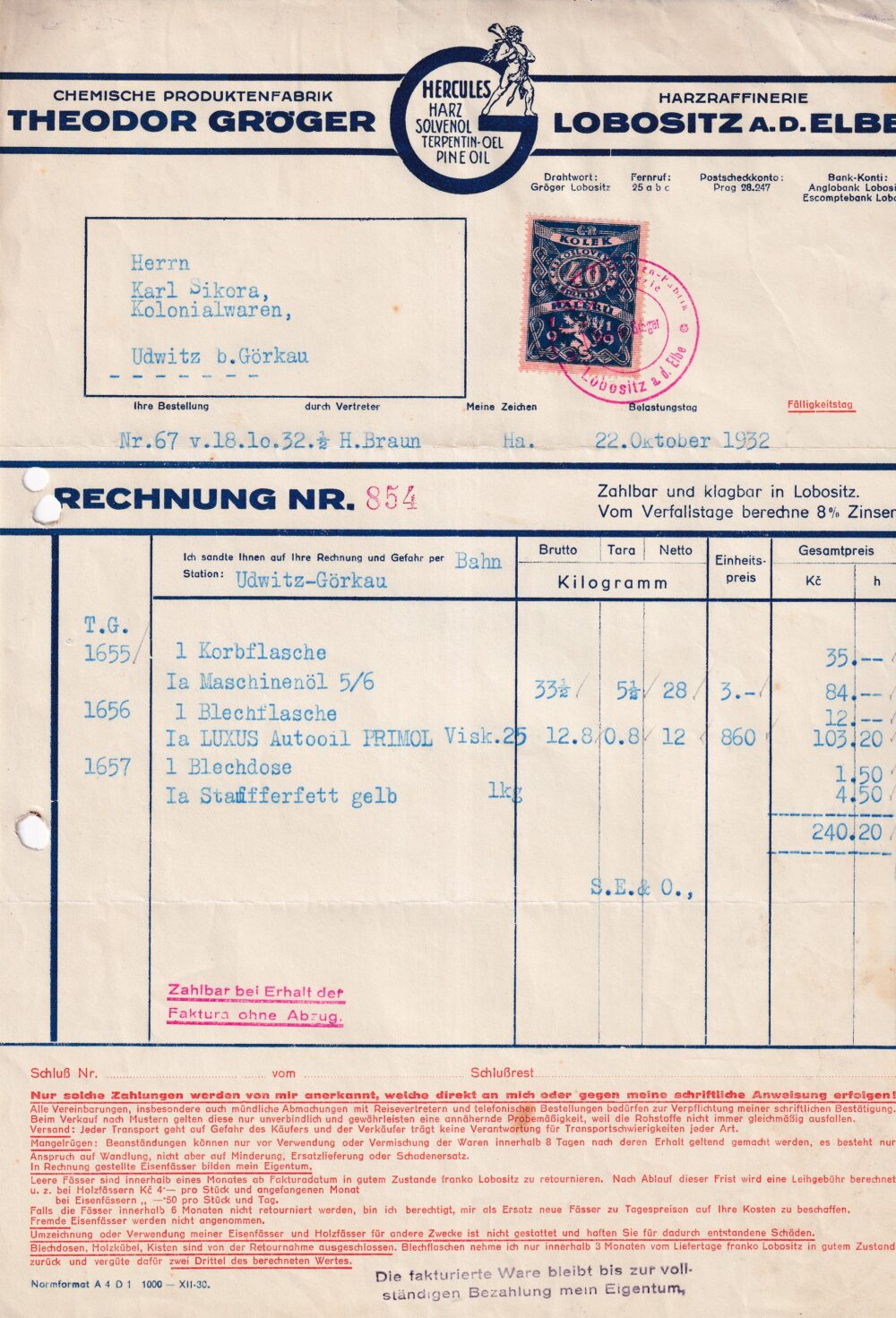 Účet, Chemické výrobky, Litoměřice, 1932