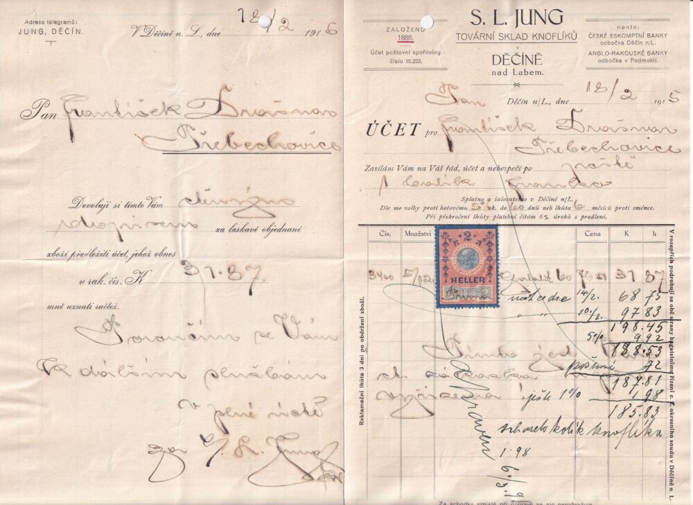 Účet, Tov. sklad knoflíků, Děčín n. Labem, 1915