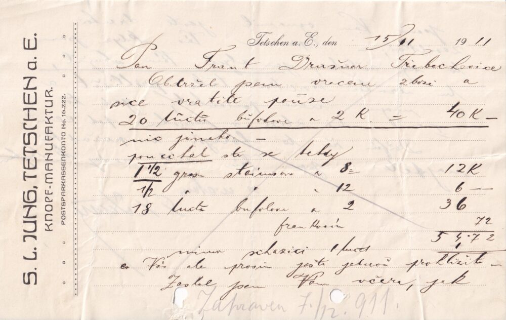 Účet, Tov. sklad knoflíků, Děčín n. Labem, 1911