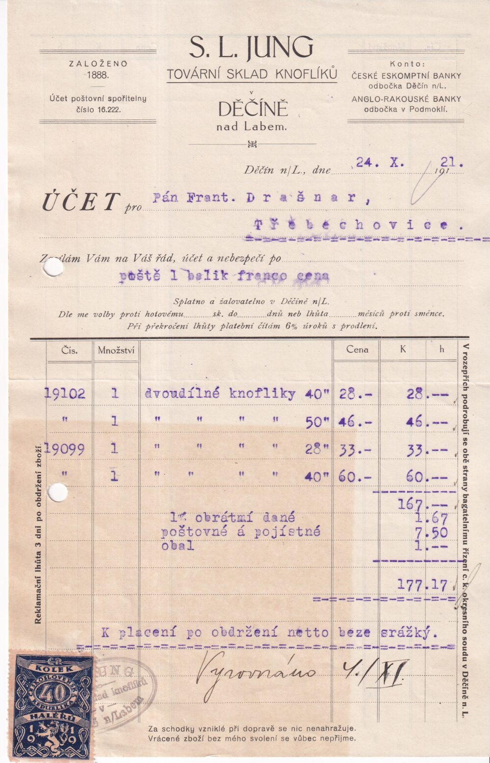 Účet, Tov. sklad knoflíků, Děčín n. Labem, 1921