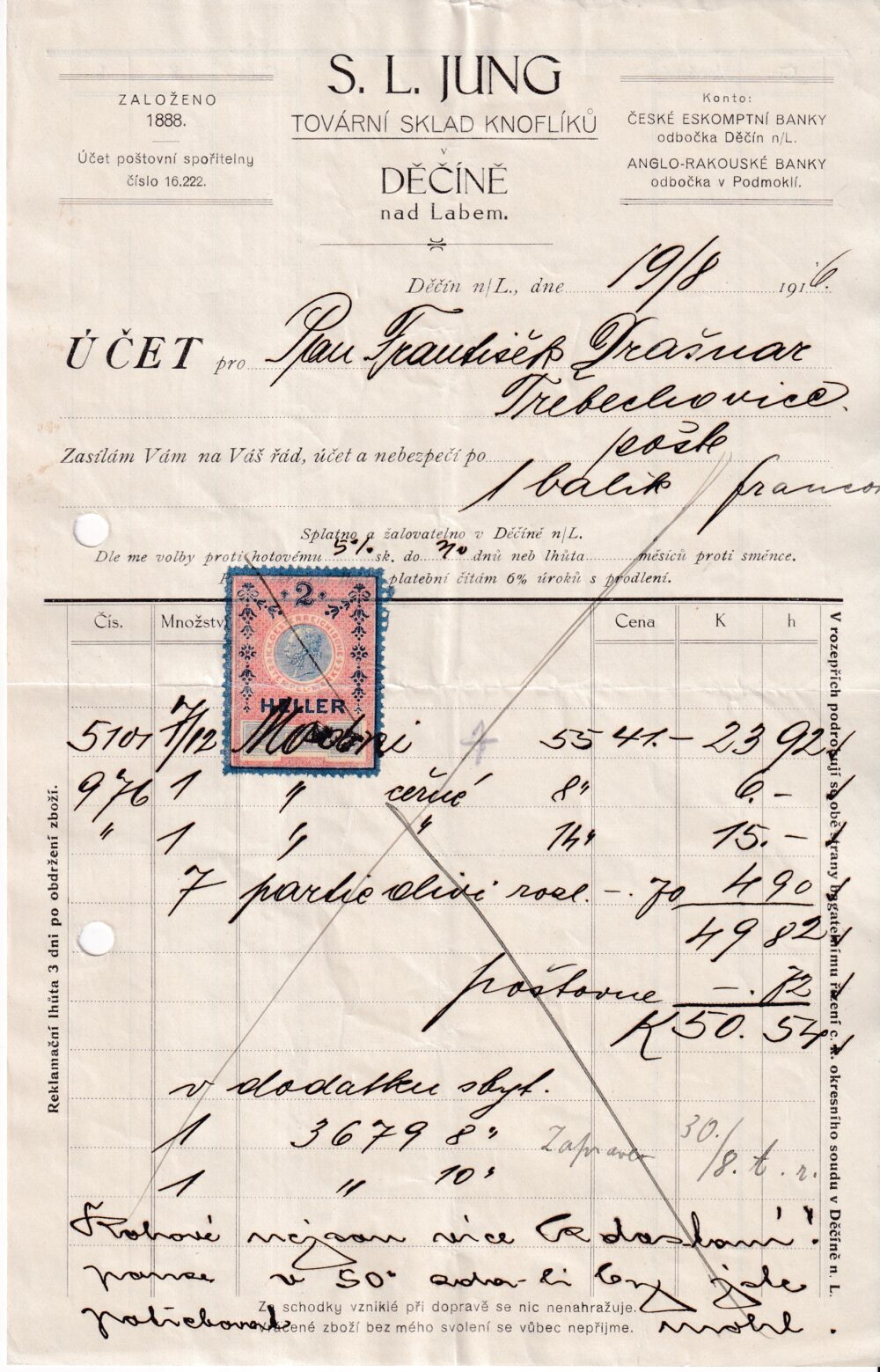 Účet, Tov. sklad knoflíků, Děčín n. Labem, 1916