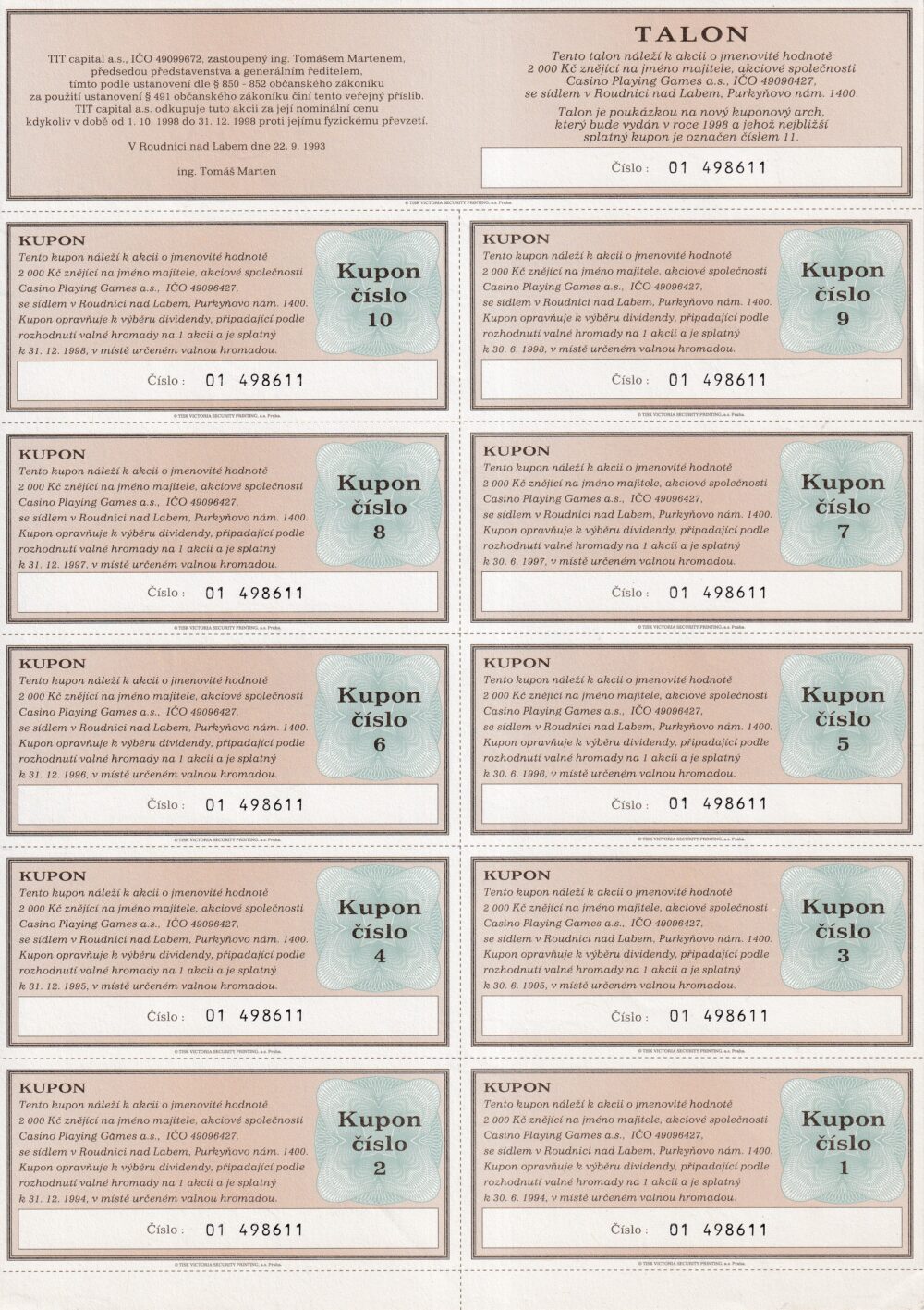 Účet, Akciový kupon, hodnota 2000 Kč