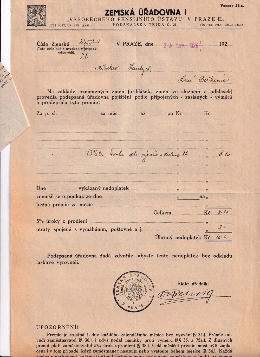 Účet, Zemská úřadovna, Praha, 1926