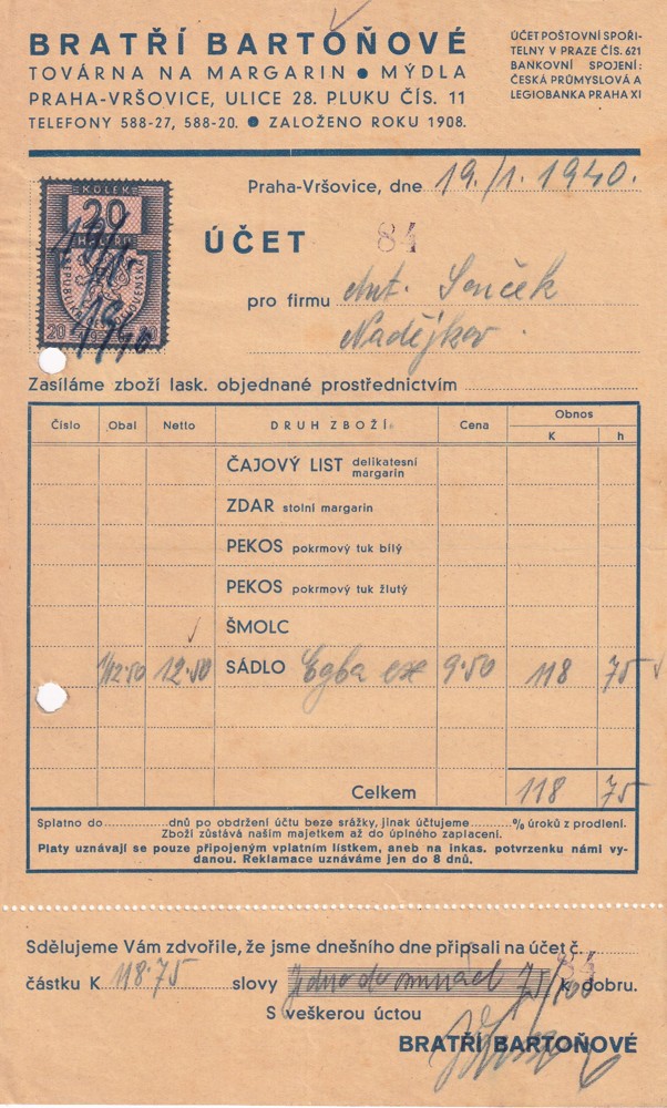 Účet, Továrna na margarín, Praha Vršovice, 1940