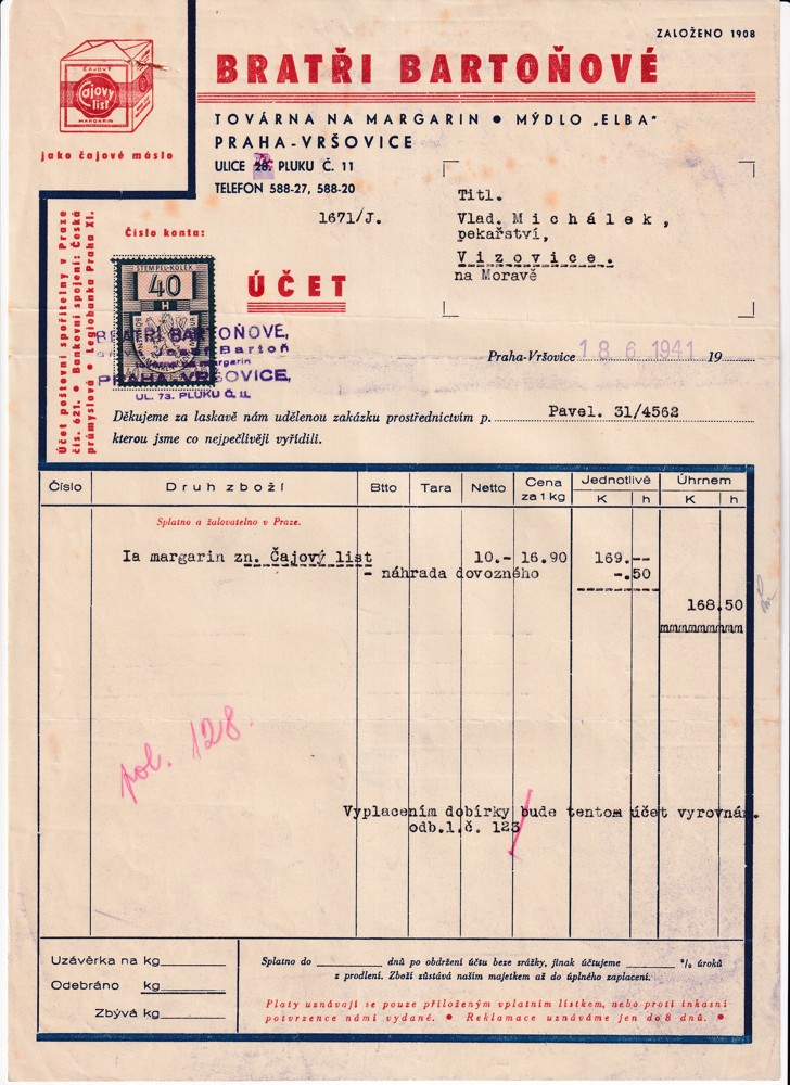 Účet, Továrna na margarín, Praha Vršovice, 1941
