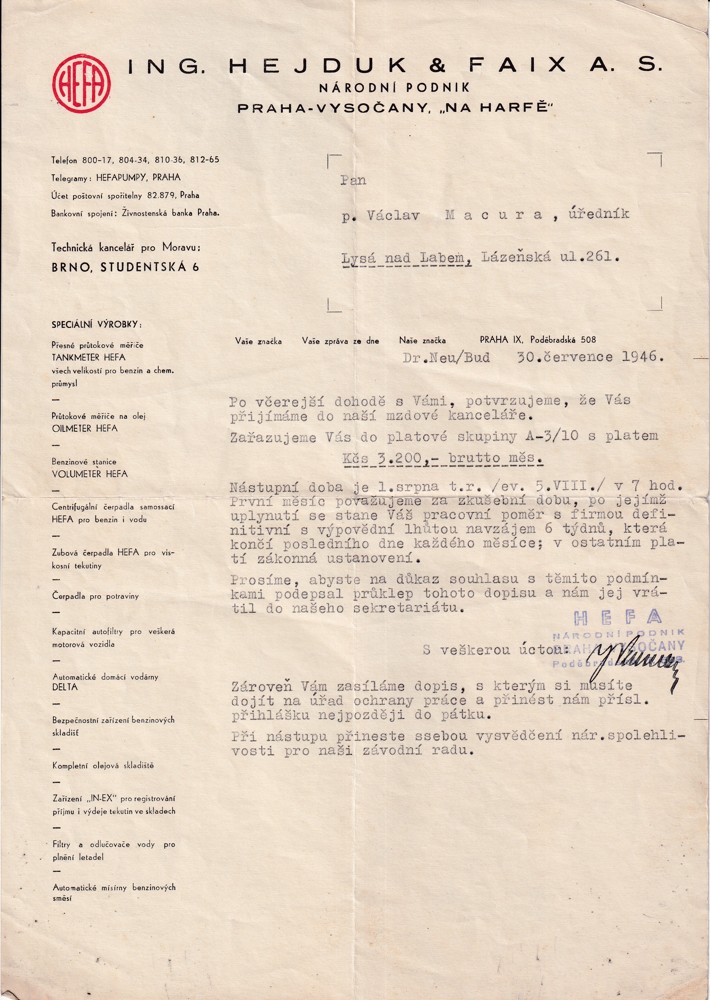 Účet, Mzdová kancelář, Praha Vysočany, 1946