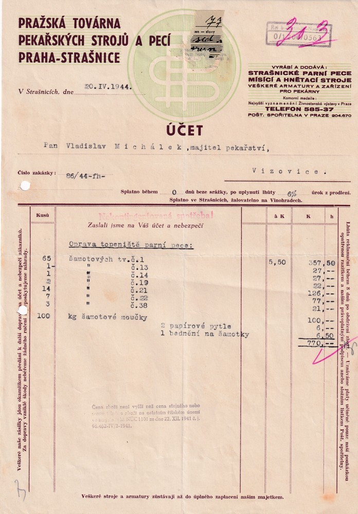 Účet, Pekařské stroje a pece, Praha, 1944