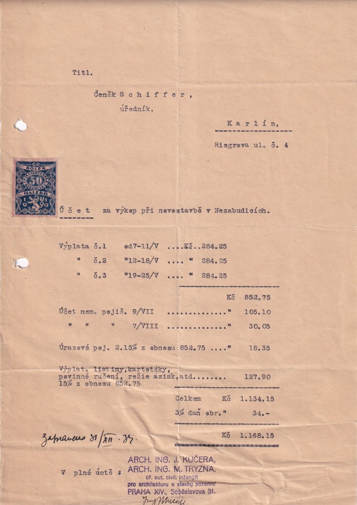 Účet, Úředník, Schiffer, Praha Nusle, 1934