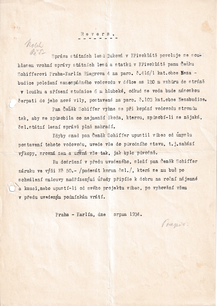 Účet, Revers, Správa státních lesů, Praha, 1934