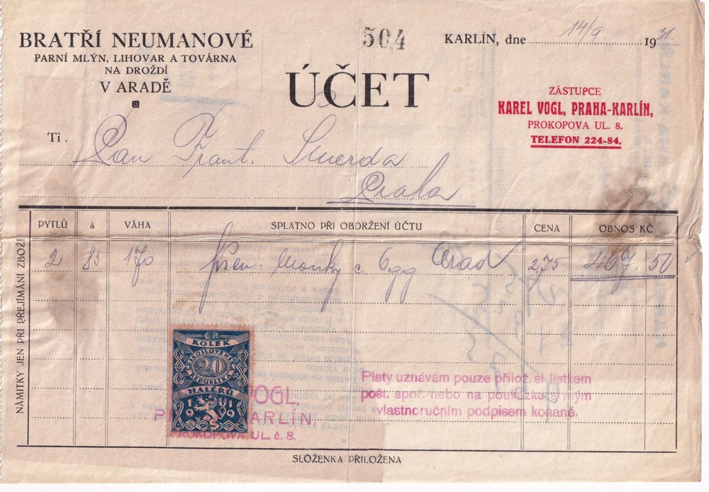 Účet, Parní mlýn, lihovar, droždí, Praha, 1931