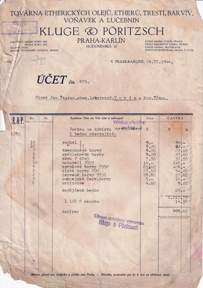 Účet, Továrna éterických olejů, Praha, 1944