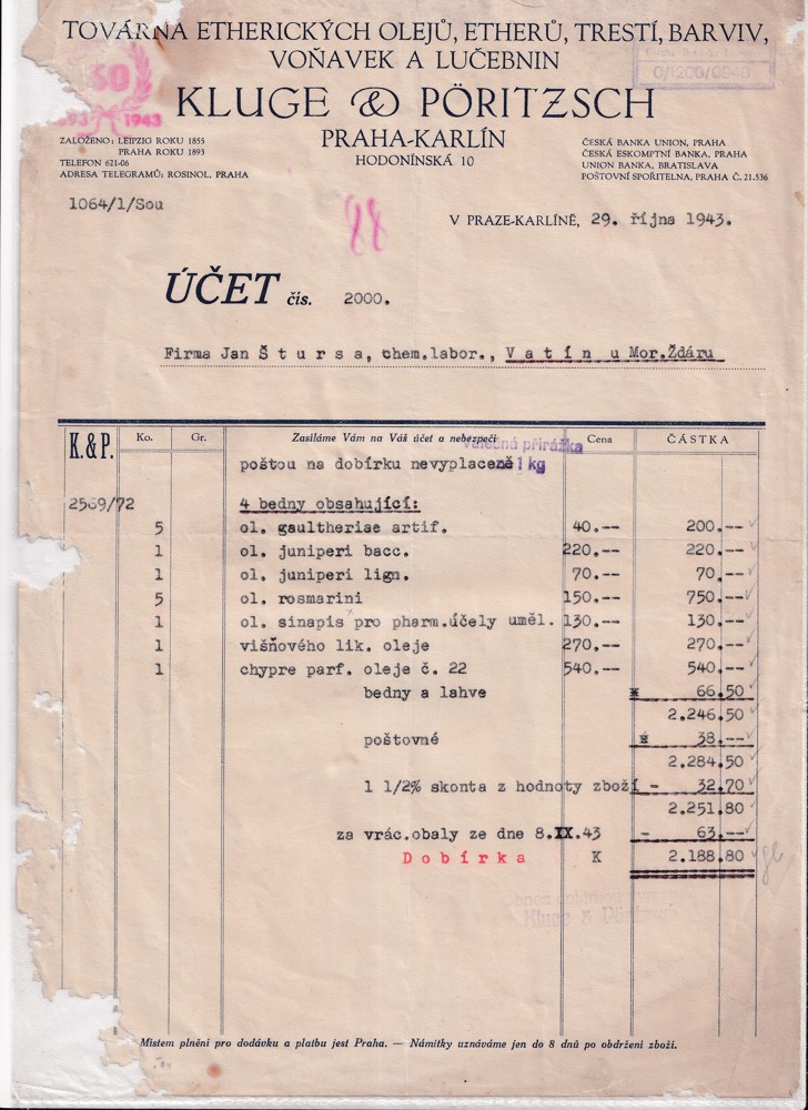 Účet, Továrna éterických olejů, Praha, 1943