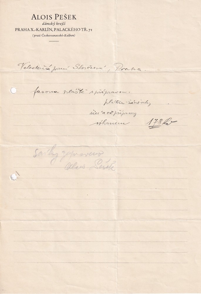 Účet, Dámský krejčí, A. Pešek, Praha Karlín