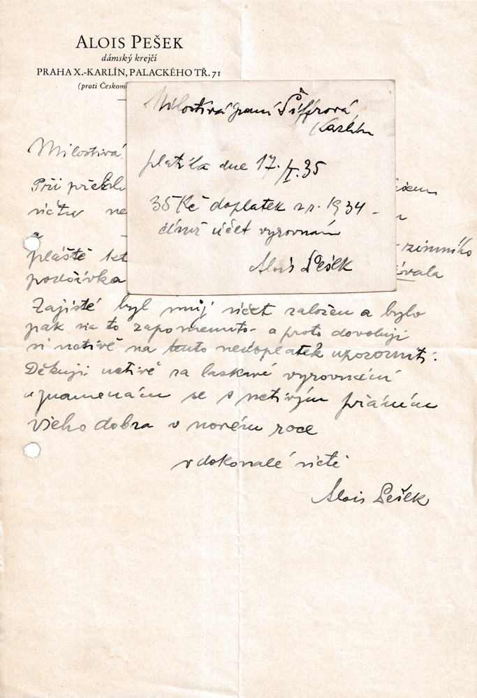 Účet, Dámský krejčí, A. Pešek, Praha Karlín, 1935