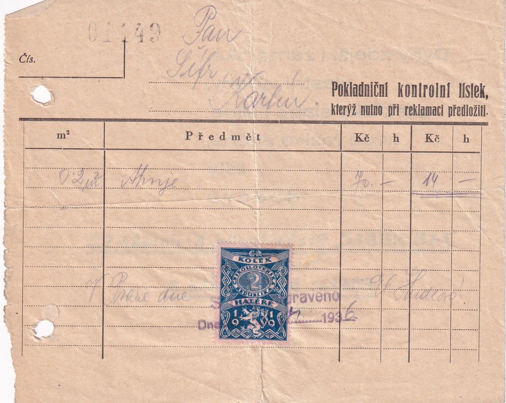 Účet, Dýhy, Praha Karlín, 1936