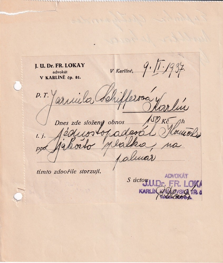 Účet, Advokát, Fr. Lokay, Praha Karlín, 1937