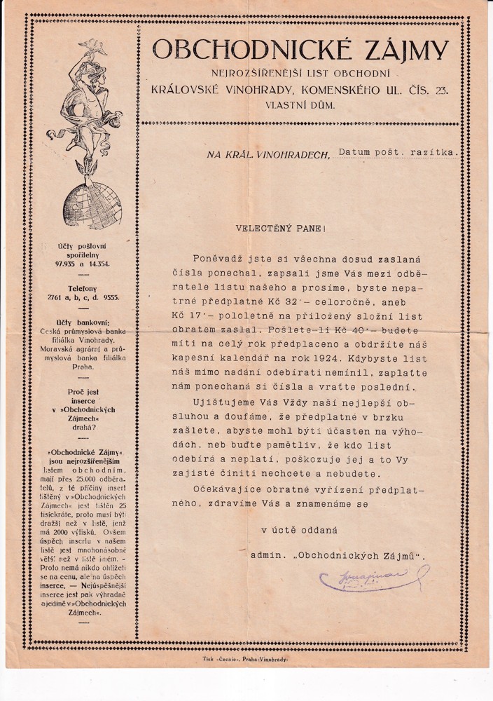 Účet, Obchodnické zájmy, Praha Vinohrady