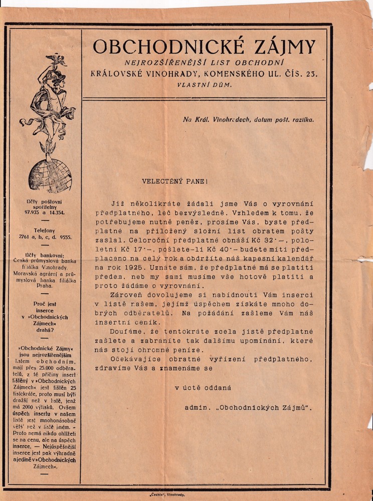 Účet, Obchodnické zájmy, Praha Vinohrady