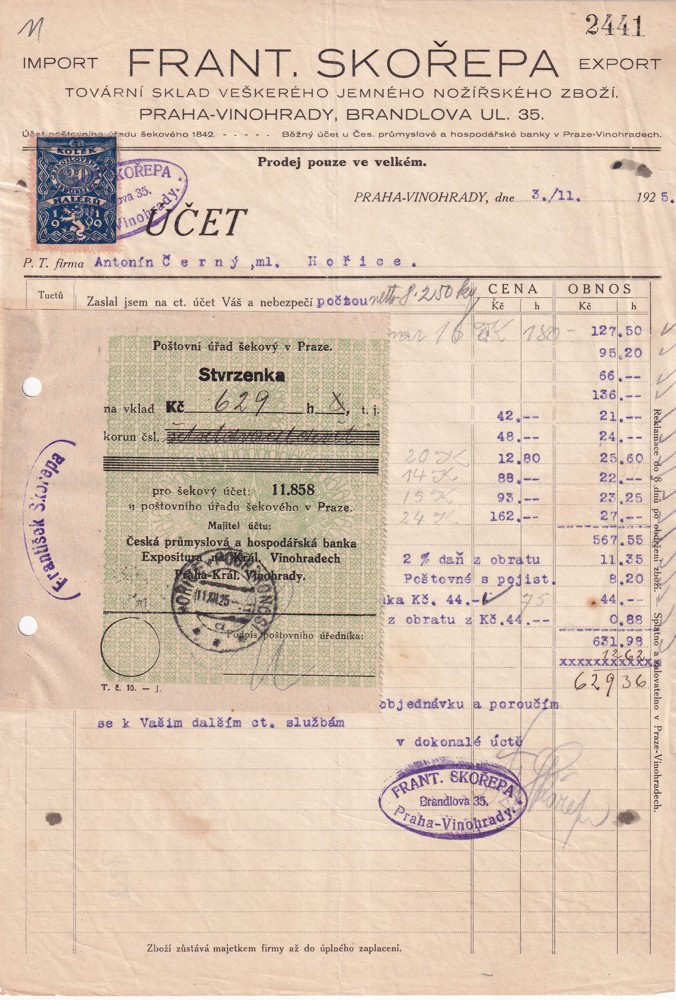 Účet, Továrna a nožířské zboží, Praha, 1925