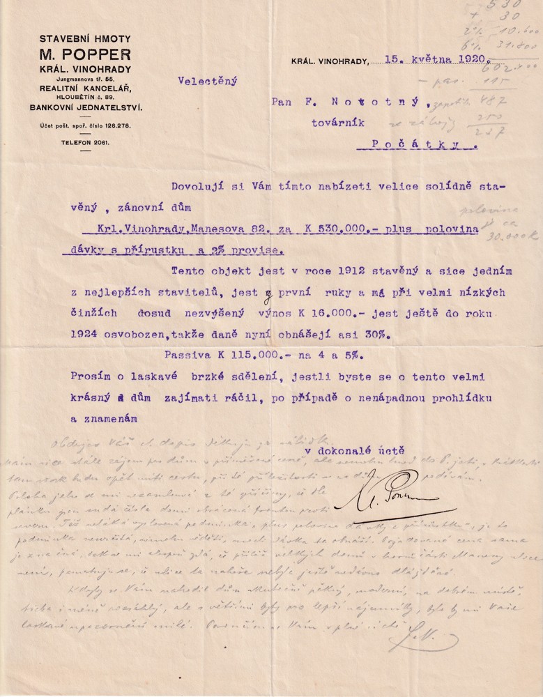 Účet, Stavební hmoty, Praha, 1920