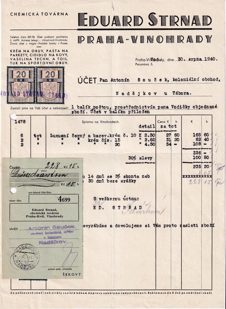 Účet, Chemická továrna, Praha, 1940