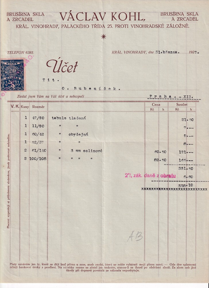 Účet, Brusírna skla a zrcadel, Praha, 1927